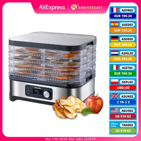 BioloMix BPA FREE 5 Trays Food Dryer Dehydrator
